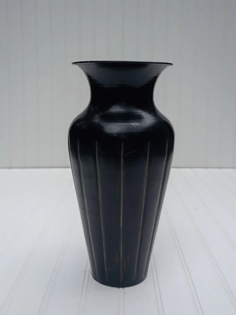 Ribbed Metal Vase Black Distressed Fluted Design 12.5